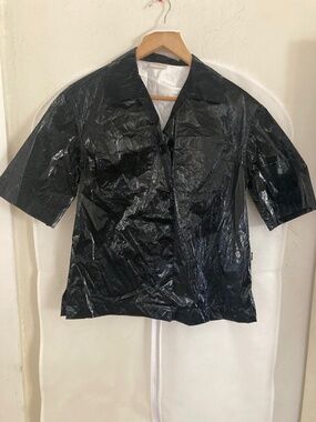 Dries Van Noten Shiny Coated Crinkled Short Sleeve Button Down Shirt Size Small